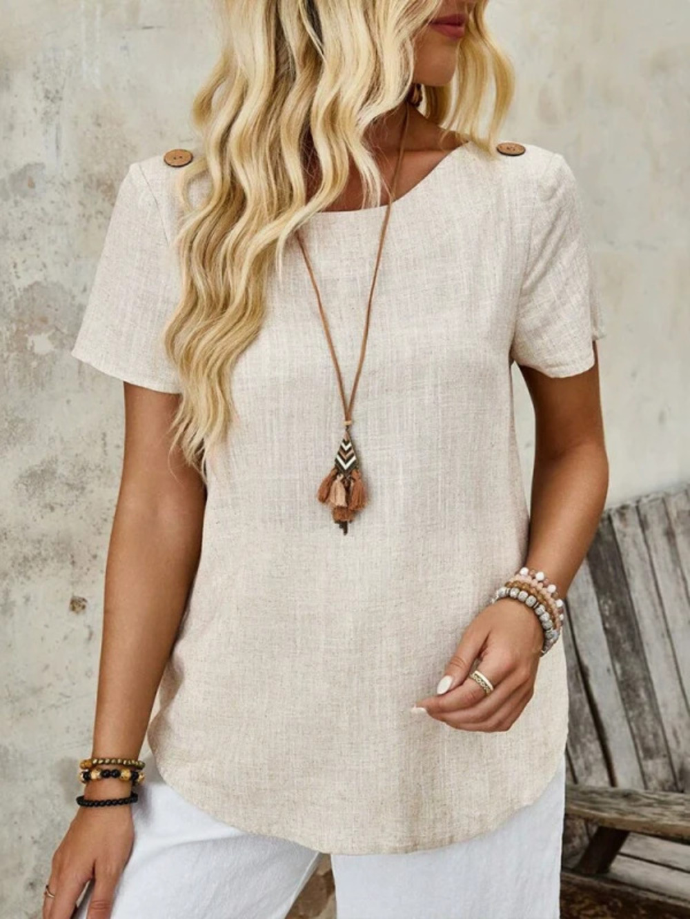 ZARA Summer Versatile Solid Color Crew Neck Short Sleeve Button Top
